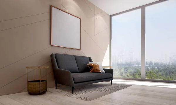 La escena de diseño de sala de estar de lujo moderno Inteior y mesa auxiliar y vista a la ciudad — Foto de Stock