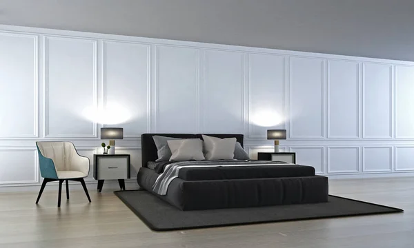 モダンで豪華なベッドルームと白い壁パターン テクスチャのインテリア ・ デザイン — ストック写真