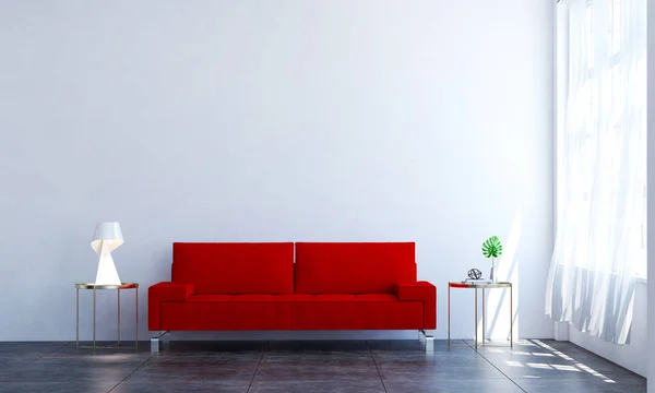 Czerwona sofa w białej ścianie salon wnętrz — Zdjęcie stockowe