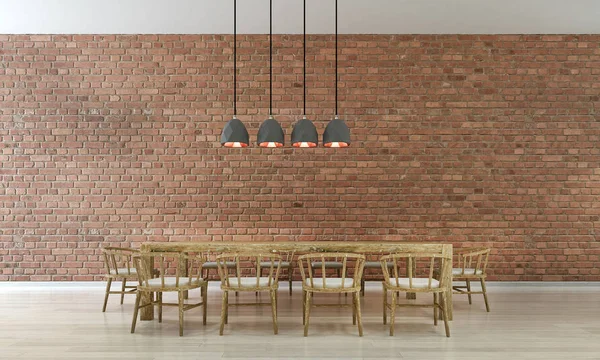 O design interior da sala de jantar mínima e textura da parede de tijolo vermelho — Fotografia de Stock