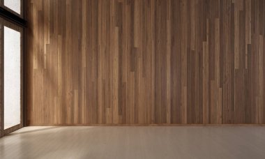 En az boş oturma odası ve ahşap duvar doku arka plan iç tasarım / 3d render yeni sahne