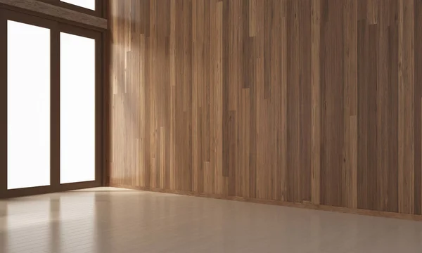 Projektowanie wnętrz z minimalnym pusty pokój dzienny i tekstura drewna ściany / 3d renderowania nowej sceny — Zdjęcie stockowe
