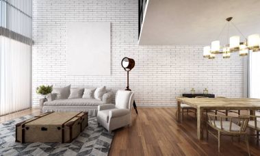 Oturma odası ve yemek odası ve beyaz tuğla duvar iç tasarım