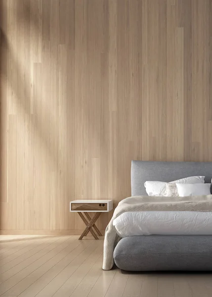 El interior del dormitorio minimalista y textura de pared de madera — Foto de Stock