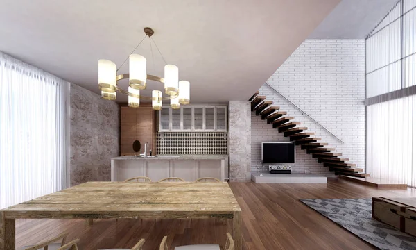 Yemek odası ve mutfak ve çatı katı ev iç tasarım — Stok fotoğraf