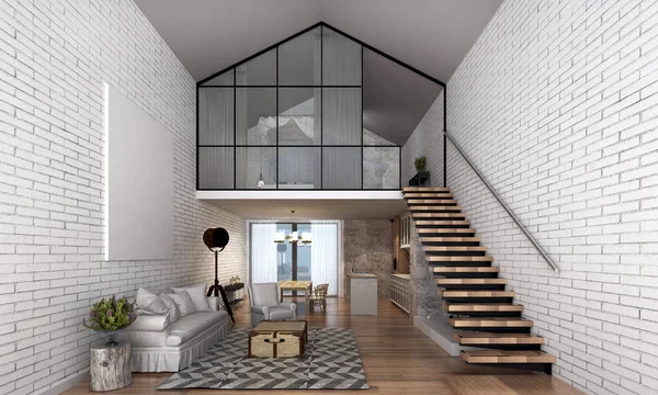 De loft huis en woonkamer interieur en witte bakstenen muur — Stockfoto