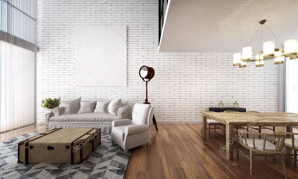 The interior design of living room and dining room and white brick wall