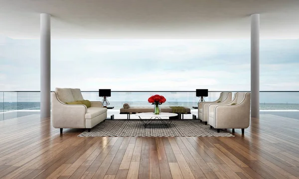 El diseño interior de un salón y sala de estar mínimos y vistas al mar —  Fotos de Stock