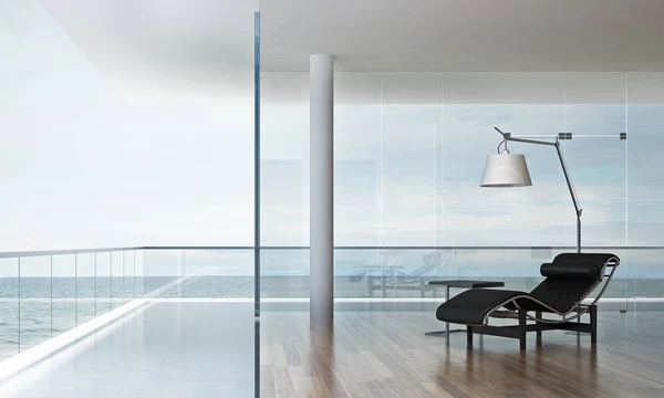 El diseño interior de la sala de estar cama de día mínima y vista al mar —  Fotos de Stock