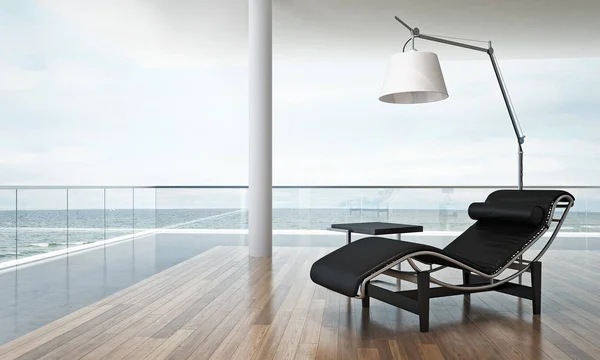 El diseño interior de las sillas de salón minimalistas sala de estar y vistas al mar —  Fotos de Stock