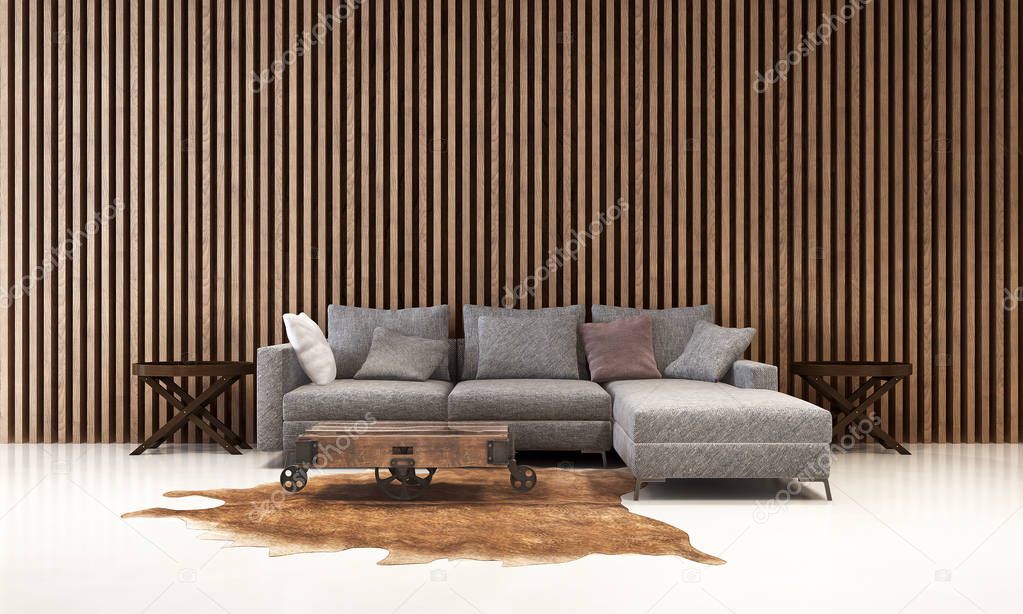 The interior design of minimal living room and wood wall texture 