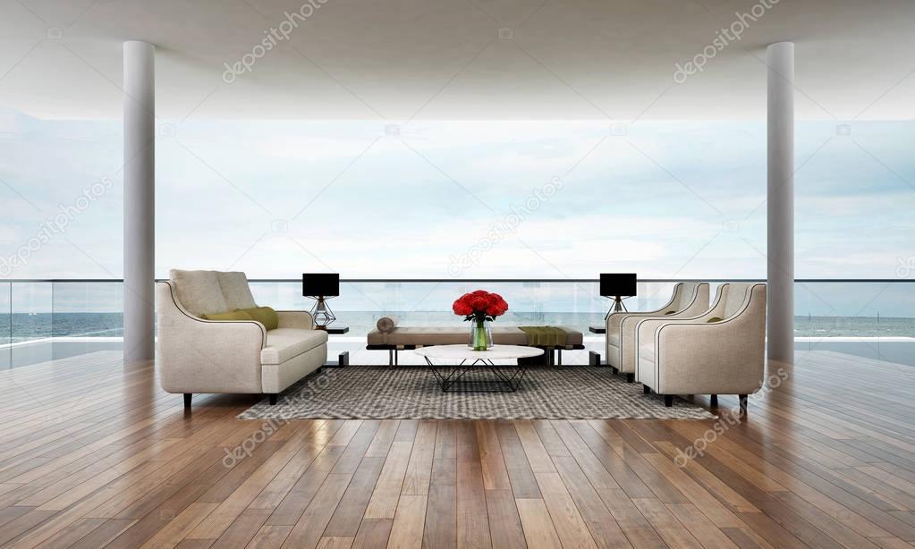 The interior design of minimal lounge and living room and sea view