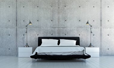 Minimum yatak odası ve beton duvar dokusunun iç tasarımı.