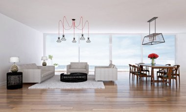 İç tasarım fikri en az oturma odası ve Beyaz ahşap duvar arka plan ve Deniz Manzaralı