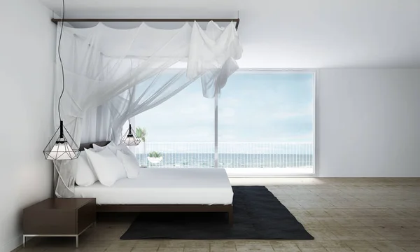 Дизайн інтер'єру мінімальної спальні і видом на море — стокове фото