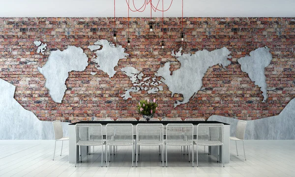 Le design intérieur de la salle à manger et mur de briques rouges — Photo
