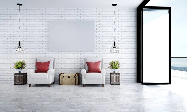 The interior design idea of minimal lounge chairs and white brick wall background — Stock Photo, Image