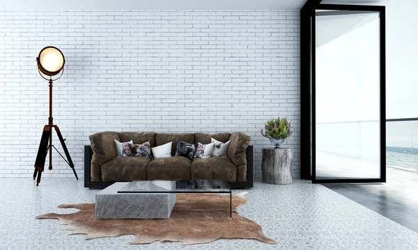 The interior design idea of minimal lounge sofa  and white brick wall background