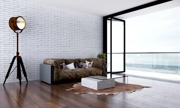 The interior design idea of loft living room and white brick wall background and sea view