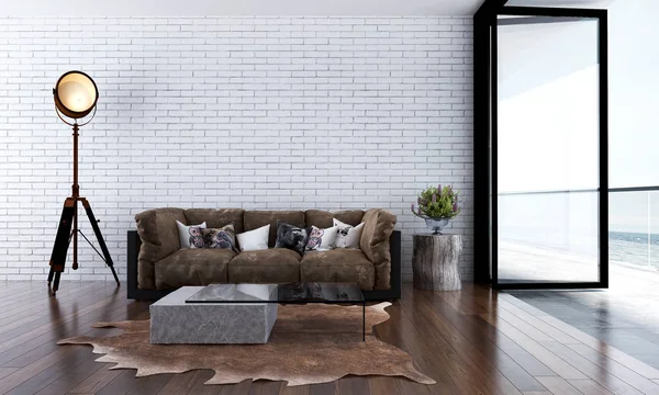 La idea de diseño interior de la sala de estar mínima y la pared de ladrillo blanco y vista al mar —  Fotos de Stock