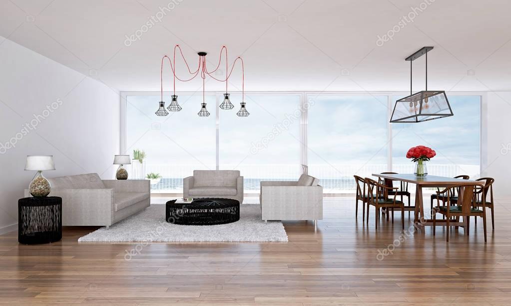 The interior design idea of minimal living room and white wood wall background and sea view