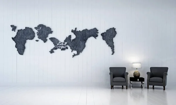 室内设计的阁楼客厅和白墙 backoground 和世界地图纹理 — 图库照片