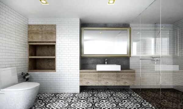 Diseño interior de baño minimalista y textura de ladrillo blanco — Foto de Stock