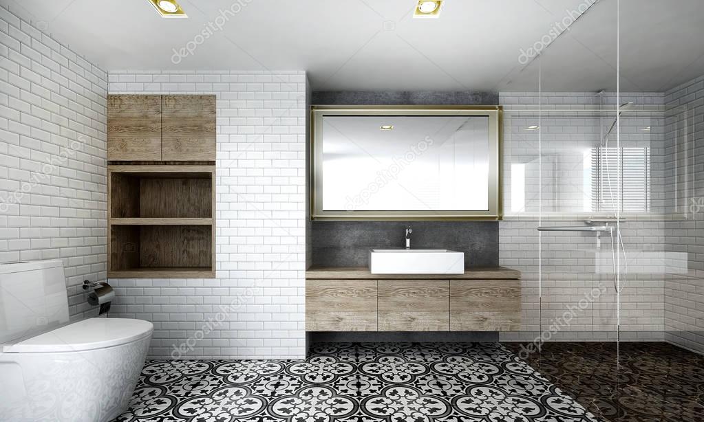 THe interior design of minimal bathroom and white brick texture