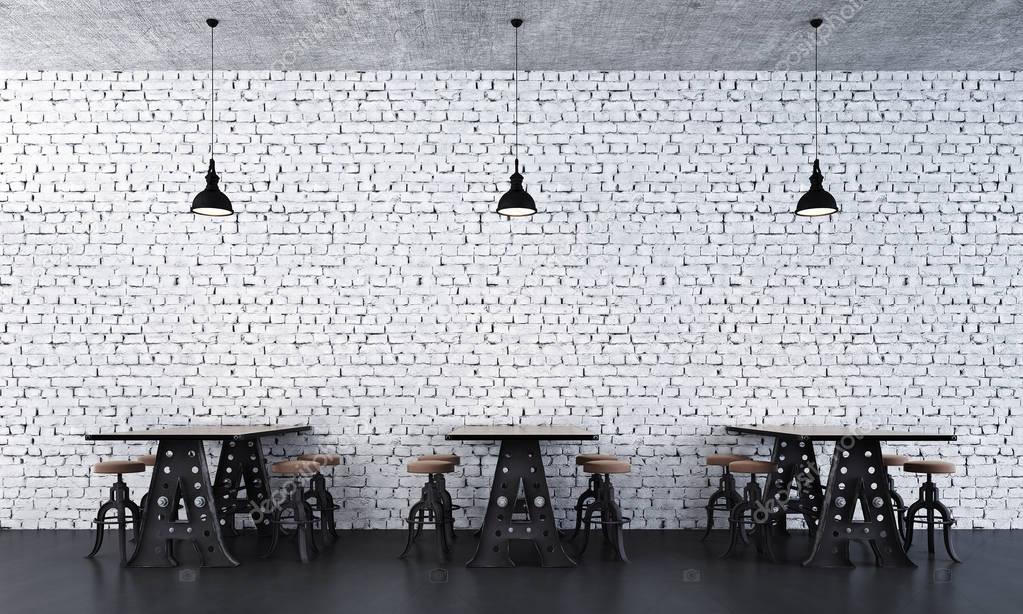 The interior design of dining room and dining table and  white brick wall