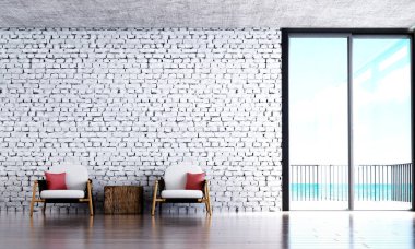 Endüstriyel tasarım iç salon ve oturma odası ve beyaz tuğla duvar ve deniz görüntülemek