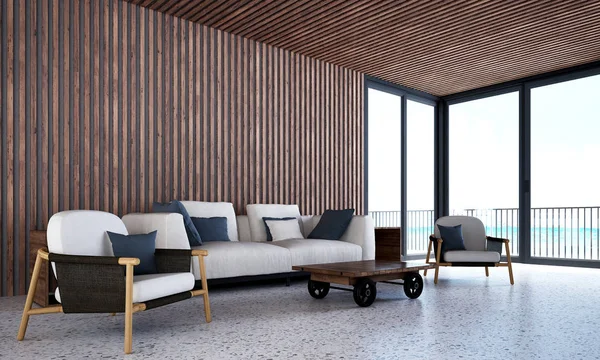 El interior de diseño de sillas de salón y sala de estar y pared de baldosas de madera — Foto de Stock