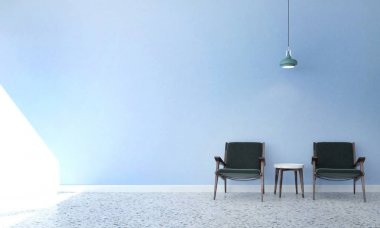 3D render iç tasarım salonu chiars ve oturma odası ve mavi duvar