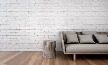 The interior design of minimal living room and white brick wall background  clipart
