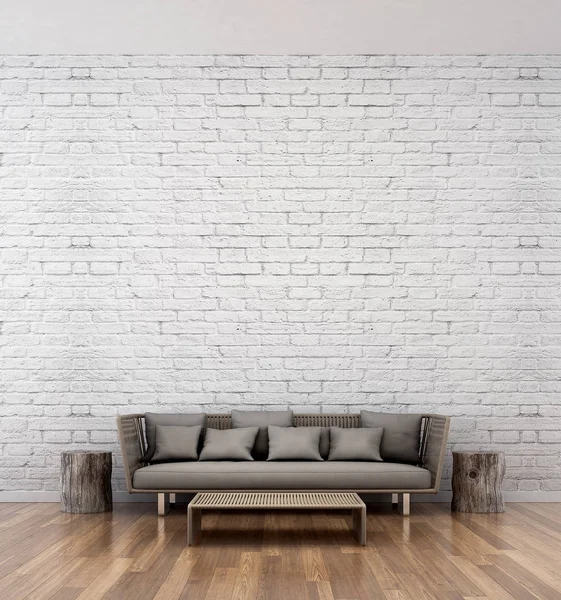 El diseño interior de la sala de estar loft y fondo de pared de ladrillo blanco — Foto de Stock