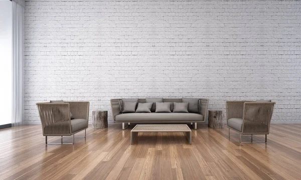 The interior design of loft living room and white brick wall background — Stock Photo, Image