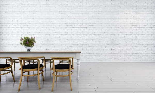 Die Inneneinrichtung des Dachgeschosses Esszimmer und weißen Backsteinwand Hintergrund — Stockfoto