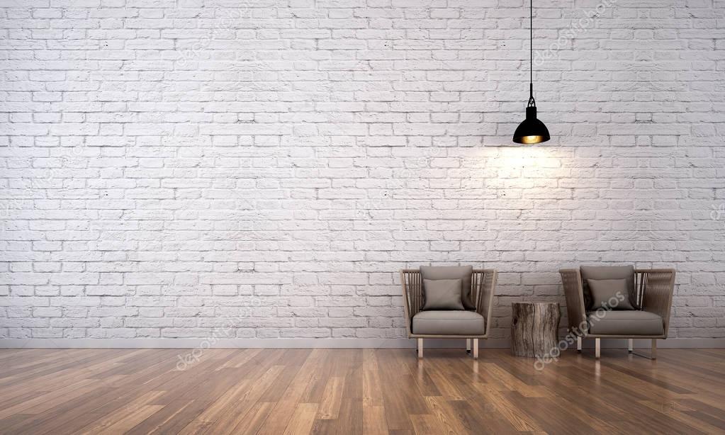 The interior design of living room and white brick wall background 