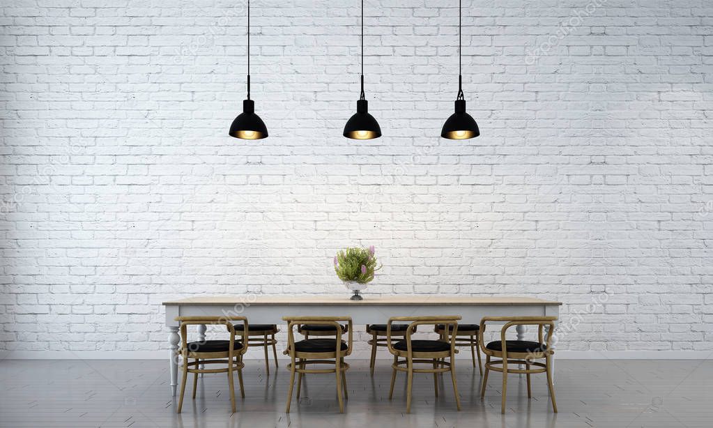 The interior design of minimal dining room and white brick wall background