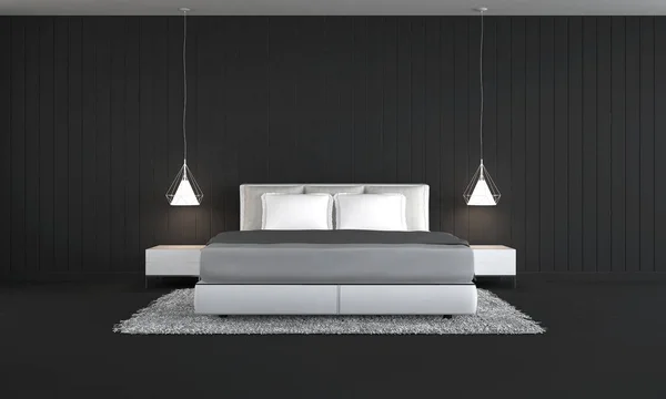 El diseño interior de dormitorio minimalista y fondo de pared de textura negra — Foto de Stock