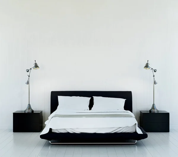 最低限寝室と白い木製の壁の背景のインテリア デザイン — ストック写真