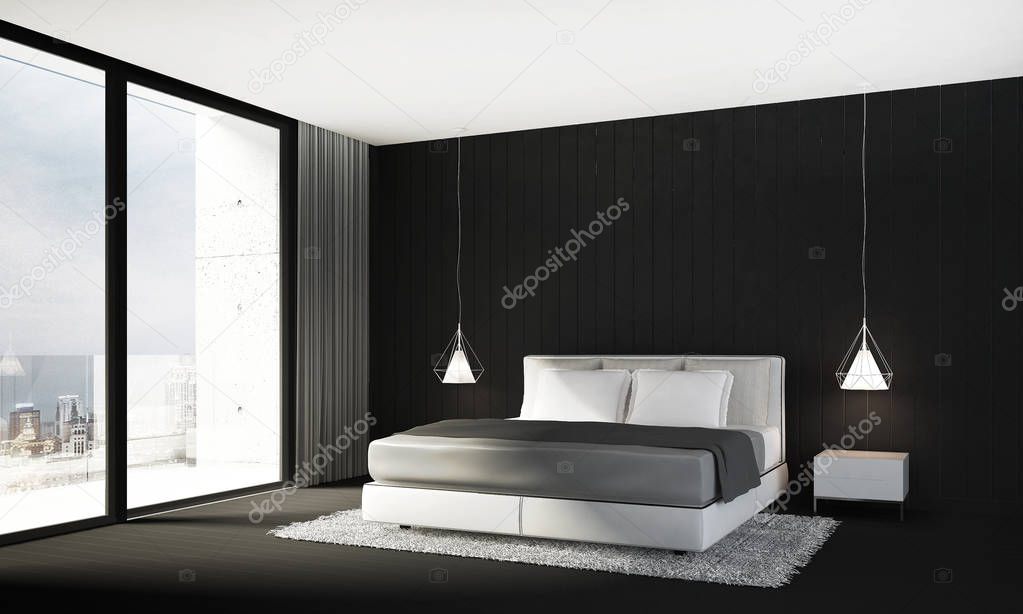 The interior design of minimal bedroom and black wall background