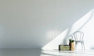 En az oturma odası ve ahşap sandalye ve beyaz duvar arka plan iç tasarım