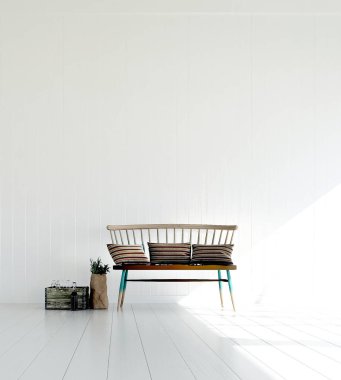 Oturma odası ve ahşap sandalye ve beyaz duvar arka plan doku iç tasarım