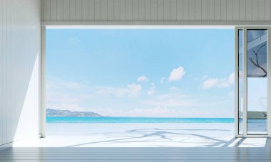 İç tasarım boş oturma odası ve beyaz duvar arka plan ve Deniz Manzaralı