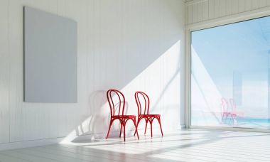 Oturma odası ve ahşap sandalye ve beyaz duvar arka plan iç tasarım