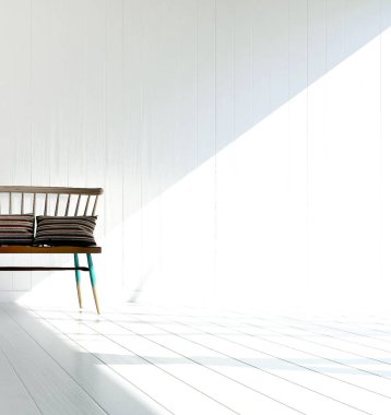 Oturma odası ve ahşap sandalye ve beyaz duvar arka plan iç tasarım