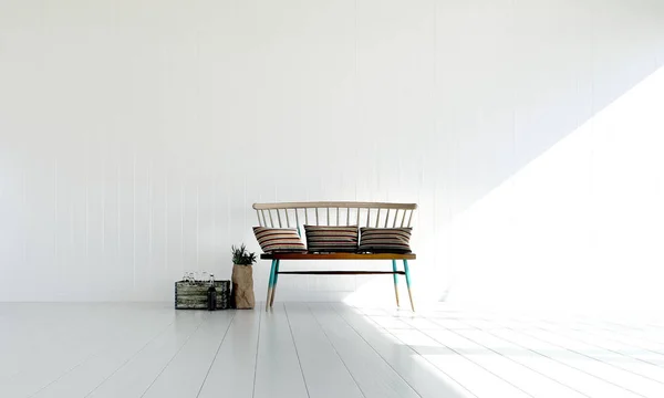 La conception intérieure du salon et chaise en bois et fond mural blanc — Photo