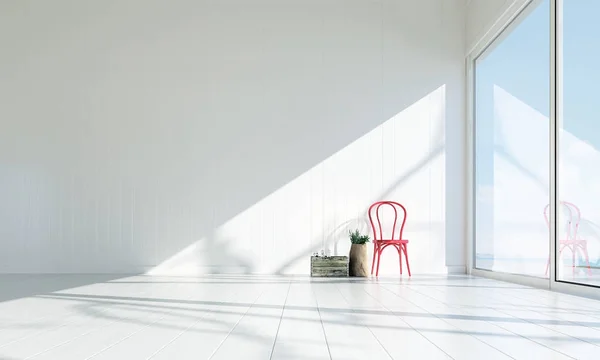 El diseño interior de la sala de estar miniaml y silla de madera roja y fondo de pared blanco — Foto de Stock