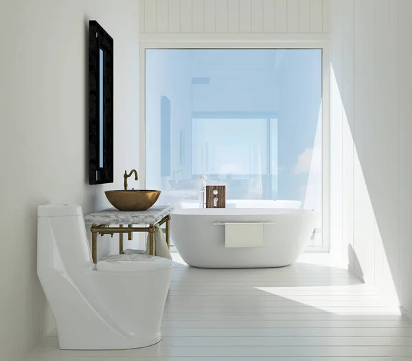 Дизайн інтер'єру ванної кімнати і текстура бетонних стін фон і вид на море — стокове фото