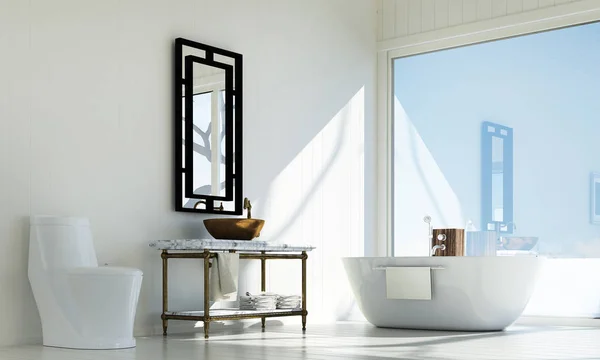 Сучасний дизайн інтер'єру ванної кімнати і текстура бетонних стін фон і вид на море — стокове фото